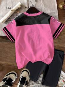 SHEIN 2 件套青少年女孩休闲甜美酷炫运动、学院风、可爱卡通动物水豚蝴蝶结、豹纹、数字 23、拼布短袖 T 恤和短裤套装，适合夏季 - 彩色 - 查看 2