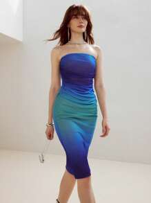 MOTF STUDIO OMBRE PRINT RUCHED SLIM FIT TUBE MIDI DRESS