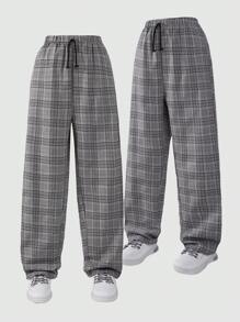 SHEIN Explorewe 青少年男孩时尚休闲格子裤，适合日常休闲，2025年夏季返校季青少年男孩学院风校园运动装 - 灰色 - 查看 1