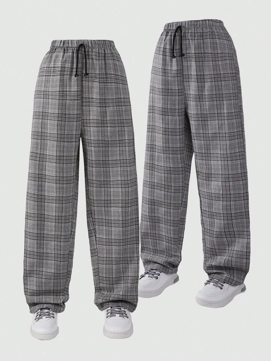SHEIN Explorewe 青少年男孩时尚休闲格子裤，适合日常休闲，2025年夏季返校季青少年男孩学院风校园运动装 - 灰色 - 查看 1