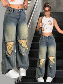 Teen Girl Blue Loose Ripped Jeans,Street Wear - Dark Wash - View 1