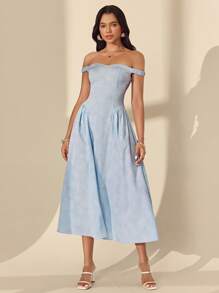 Almamuse Women's Elegant Jacquard Off Shoulder Long Dress - Blue - View 3