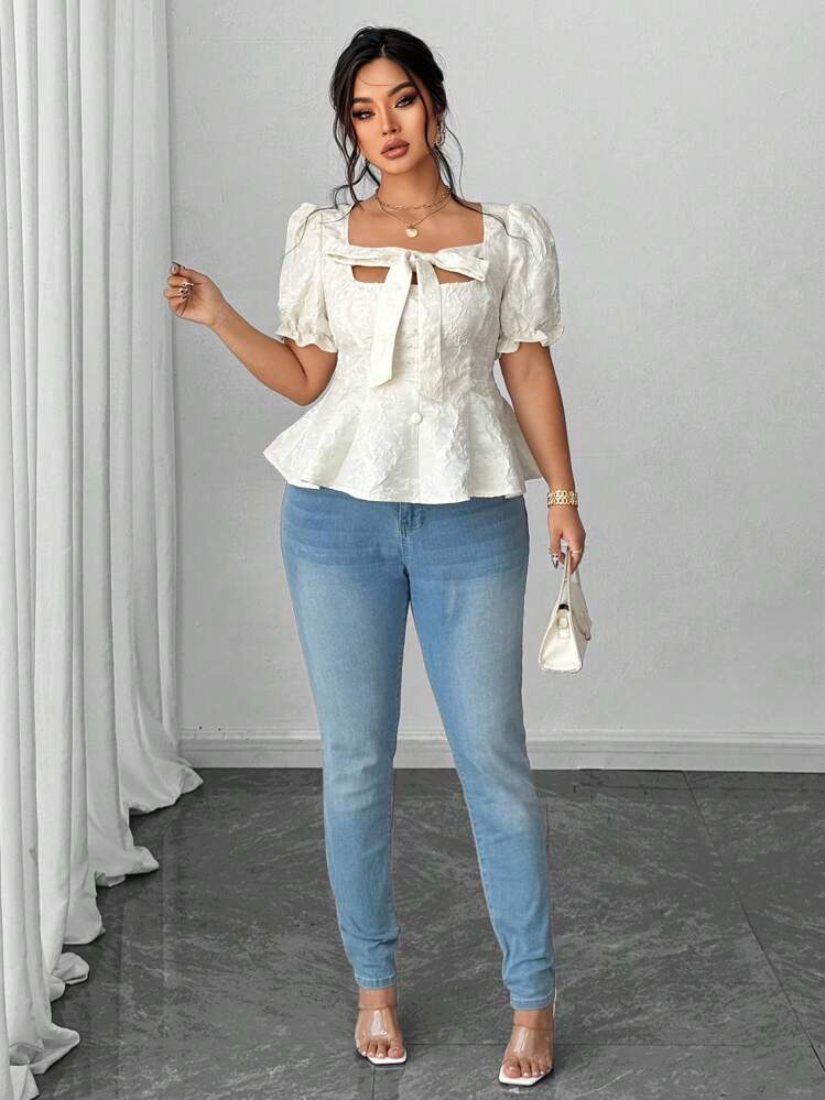 SHEIN Clasi Plus Size Women Floral Jacquard Knotted Front Puff Sleeve Elegant Blouse - Beige - View 3