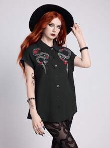 ROMWE Goth Blusa de mujer con bordado de estilo gótico de serpiente y flores
