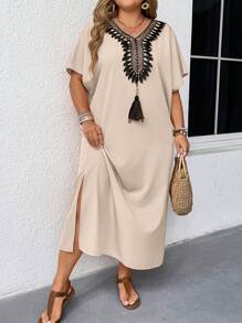 EMERY ROSE 女式V领花卉流苏装饰宽松休闲连衣裙 - 杏色 - 查看 1