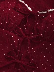 Sweetra Women's Polka Dot Patchwork With Puff Sleeve Lace Trim Tie Front Blouse, Suitable For Spring, Summer, Autumn