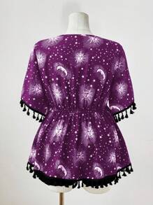 Sunspun Plus Size Women Sun V-Neck Tie Tassel Vacation Casual Shirt Boho - Purple - View 2