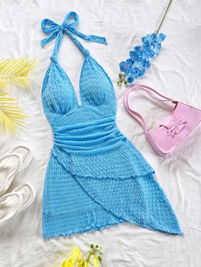 Soleia 女式性感复古渐变色毛绒面料露背 V 领系带褶皱不对称下摆迷你连衣裙，适合派对、约会、下午茶、波西米亚风、度假