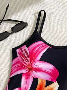 SHEIN Tween Girl Floral Print One-Piece Swimsuit With Mesh Skirt, 2 Pieces Swimsuit - Multicolor - View 3