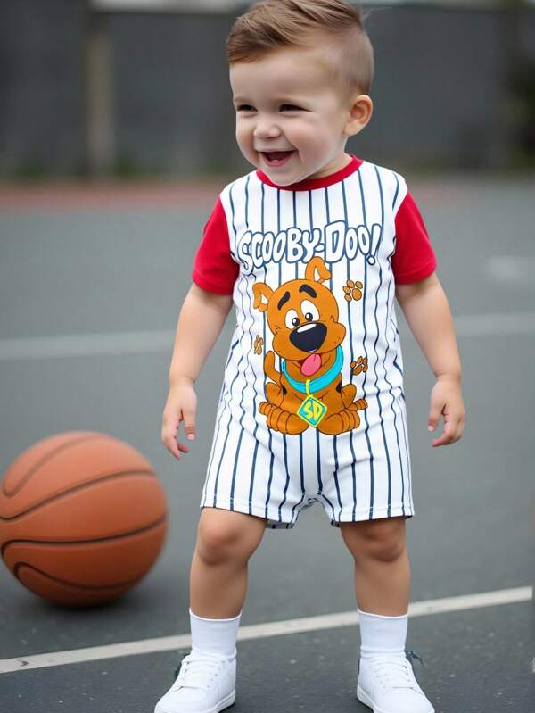 SCOOBY-DOO X SHEIN Baby Boy Cartoon Striped Cute Style Red & White Short Sleeve Romper, Summer