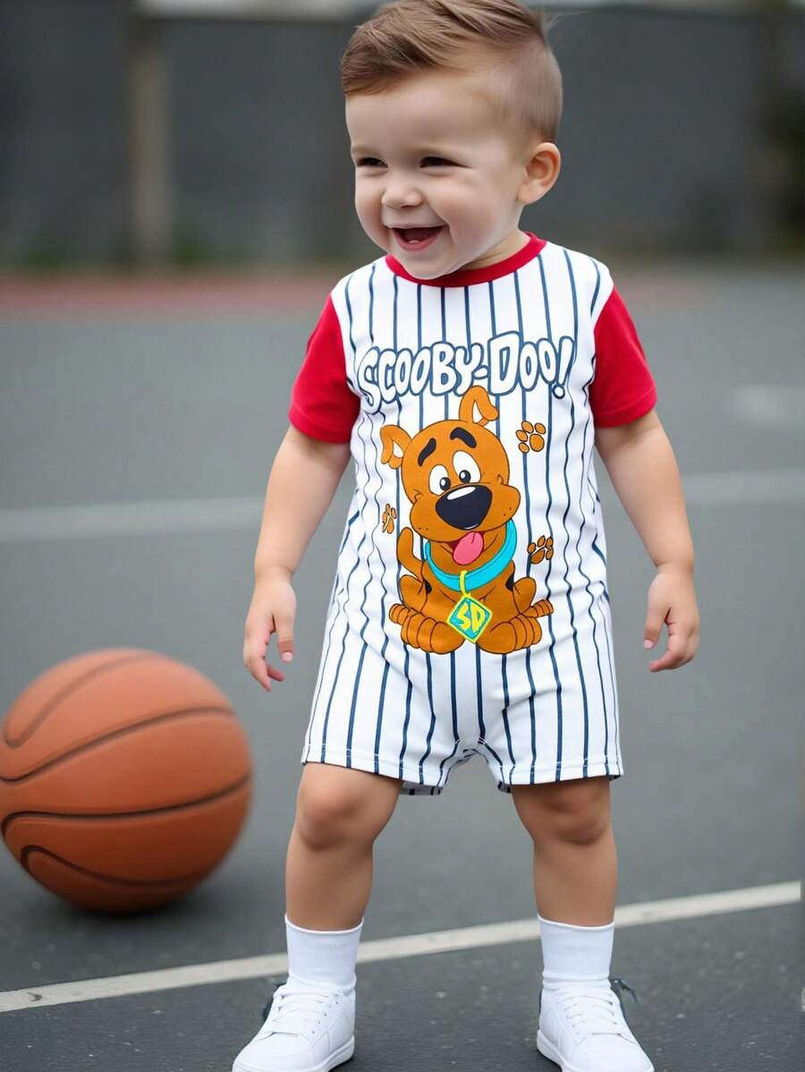 SCOOBY-DOO X SHEIN Baby Boy Cartoon Striped Cute Style Red & White Short Sleeve Romper, Summer