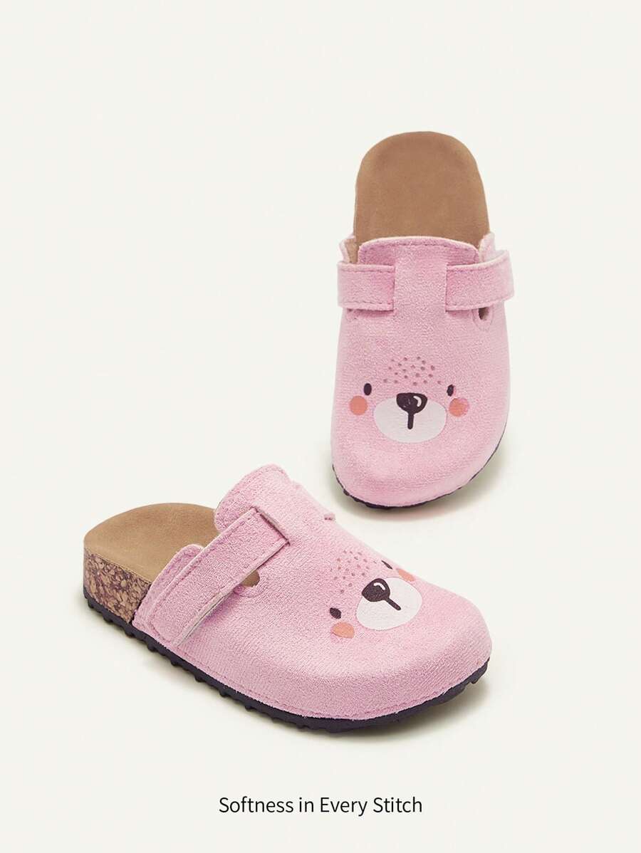 Cozy Pixies 轻便时尚百搭粉色小熊图案可爱休闲百搭一脚蹬平底女婴家居拖鞋，春夏季 - 粉色 - 查看 1