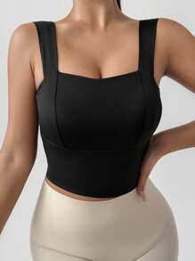 DAZY 宽肩带方领跑步瑜伽运动背心 - 黑色 - 查看 4