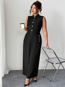 Elenzga Mono elegante de mujer de Elenzga Plus con cuello alto, botones decorativos y sin mangas, unicolor