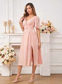 Ellevyn 优雅女士褶饰腰带喇叭下摆开衩中长连衣裙，奢华感适合社交场合 - 藕粉色 - 查看 4