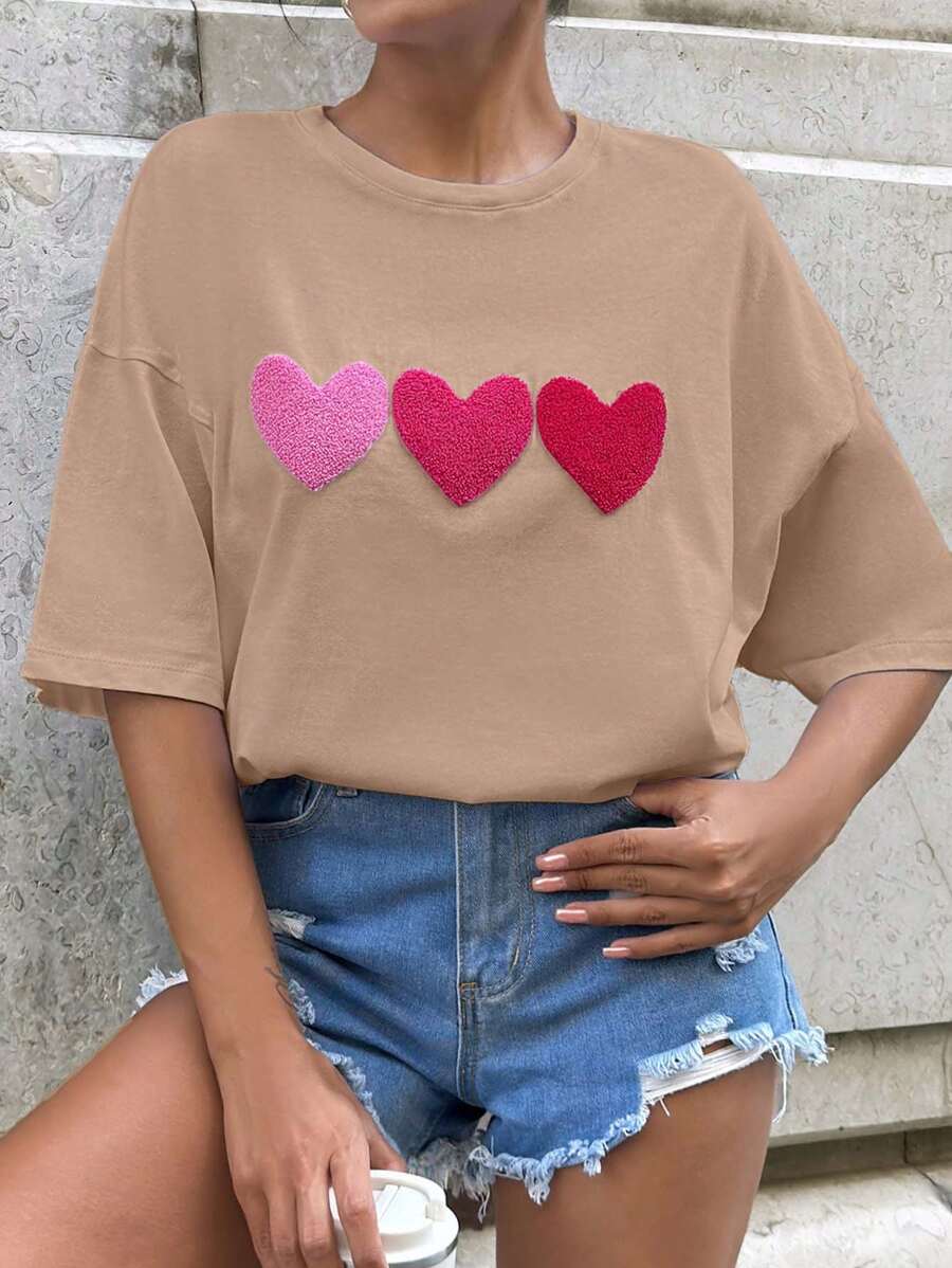 SHEIN Cottnline 100%Cotton WHITE OVERSIZE T-SHIRT WITH EMBROIDERY HEART DETAİL - Beige - View 1