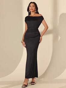 Almamuse Women's Slim Fit Oblique Shoulder Jacquard Weave Dress - Black - View 8