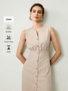 Uhlyne Vestito elegante in lino albicocca senza maniche con scollo a V, pieghe, aperto davanti, adatto per occasioni casual, sociali e di lavoro, da donna, per primavera ed estate