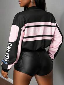 Slaydiva Áo khoác bóng chày in chữ màu tương phản dài tay hở phía trước cho nữ - Nhiều màu - Xem 2