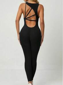 INAWLY Women Solid Color Backless Jumpsuit Jumpsuit - Black - View 3