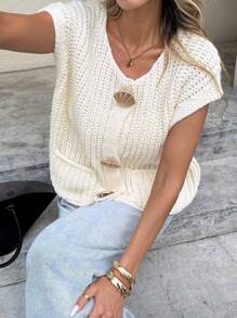 Serisse Women's Cream White Elegant Loose Coarse Knit Vest Sweater Cardigan,Autumn Vacation Metal Shell Decoration Patch Pocket Solid Color Casual Tops - Beige - View 3