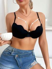DesireSculpt 1pc Women's Sexy Pearl Decor Shell Trim Underwire Bra - Black - View 5