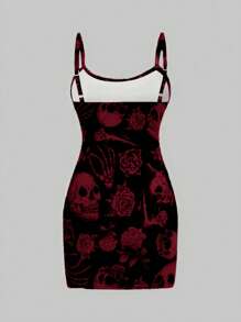 SHEIN SXY Casual Skull Print Bodycon Mini Slip Dress For Women, Spring/Summer Suitable For Going Out Chic Dress