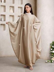 Al Najma 女式露背蝴蝶结装饰仿珍珠镂空蝙蝠袖土耳其连衣裙 - 卡其色 - 查看 3