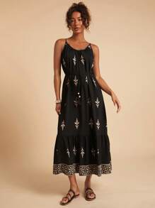 Travachic Women's Holiday Plant Print Ruffle Hem Spaghetti Strap Dress,Fall Women Clothes,Autumn Clothes,Fall Dresses For Women ,Fall Outfits Women,Fall Outfits, Modest Dresses For Women,Old Money Style Women