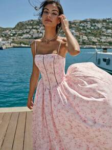 Enchnt Spring/Summer Romantic Women's Pastel Pink Floral Print Strap Princess Maxi Dress,Sweet&Elegant For Vacation&Date&Holiday&Party&Graduation&Wedding Guest&Beach,Prom Dress,Summer Dresses For Women,Sun Dresses For Women,Summer Clothes