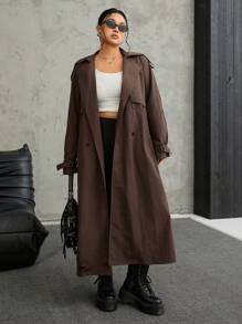 SHEIN EZwear Plus Size Brown Long Trench Coat For Early Autumn Brown Trench Coat Long Brown Coat Winter Fall