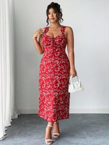 Elenzga Elegante vestito vintage con stampa floreale ditsy, taglie comode, scollo a cuore, vita con fiocco, spacco laterale sexy, disponibile in più colori
