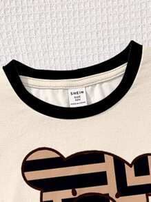 SHEIN Leap Crew 青少年女孩休闲简约甜美熊和几何印花短袖上衣和短裤两件套，适合夏季 - 彩色 - 查看 6