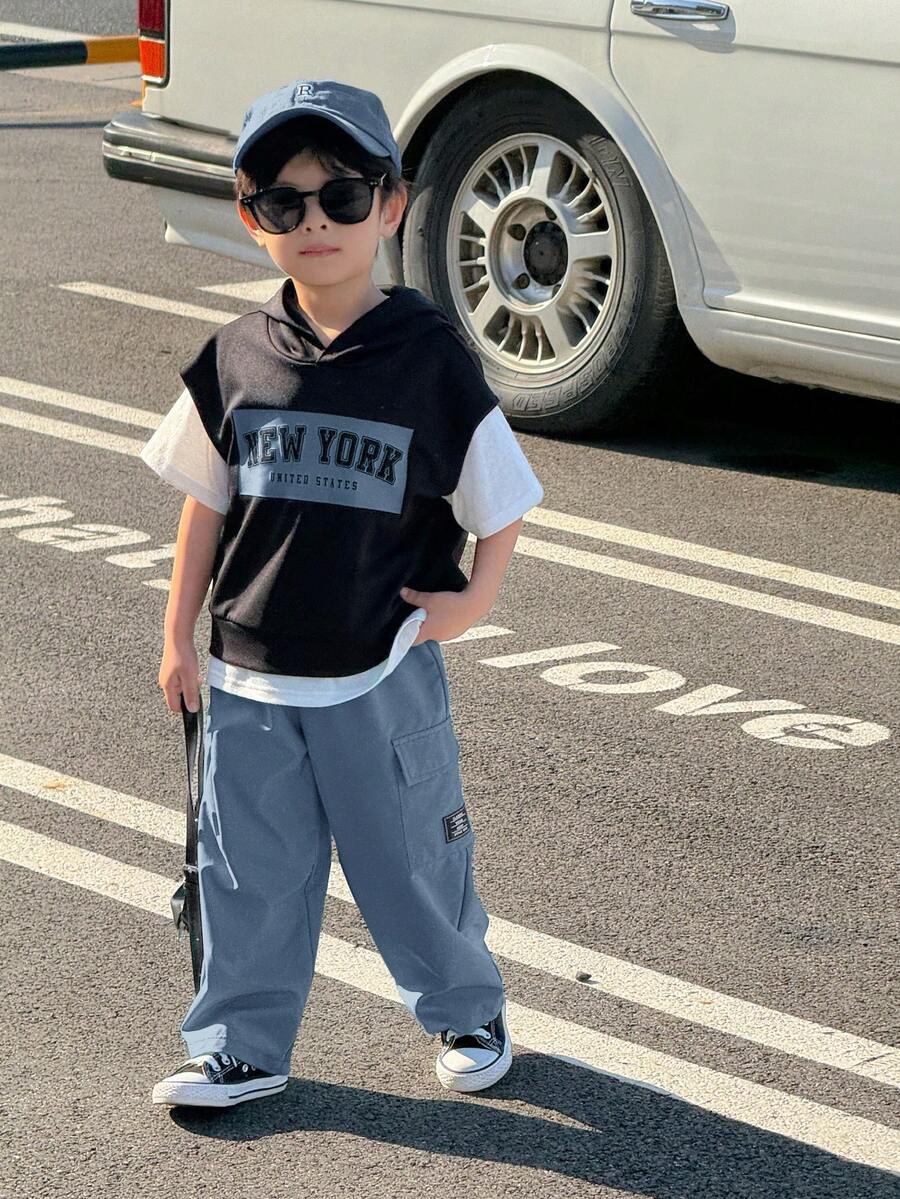 SHEIN 2 Piece Kids Boy Casual Korean Style Letter & Graphic Print Loose Hoodie Top And Straight Leg Sweatpants Set, Suitable For School, Garden, Beach, Birthday, Spring, Summer, Autumn, Winter - Dusty Blue - View 1