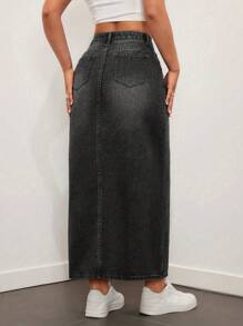 SHEIN EZwear 休闲水洗高腰牛仔长裙 - 黑色 - 查看 2