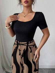 Elenzga 女士优雅拼色方领短袖连体裤 - 棕色 - 查看 4