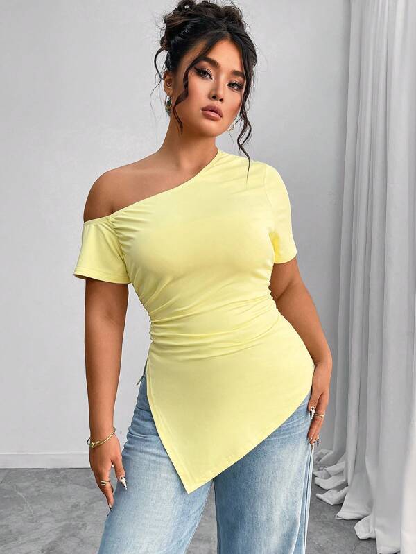 Elenzga Plus Size Women Elegant Commuter Business Solid Color Asymmetric Collar Ruffle Decor Slim Casual T-Shirt