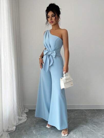 Elenzga Mono elegante de verano para mujer con lazo en la cintura, unicolor