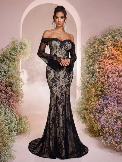 Glamrae Vestido elegante y lujoso con contraste de color, mangas largas desmontables, escote en V, hombros descubiertos, vuelo, encaje elástico, espalda abierta, bajo de cola de pez, ideal para bodas, galas, fiestas, vacaciones, temporada de graduación, largo hasta el suelo