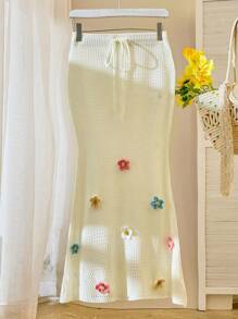 Skyraze 女士腰带镂空3D花卉鱼尾针织中长裙 - 米色 - 查看 1
