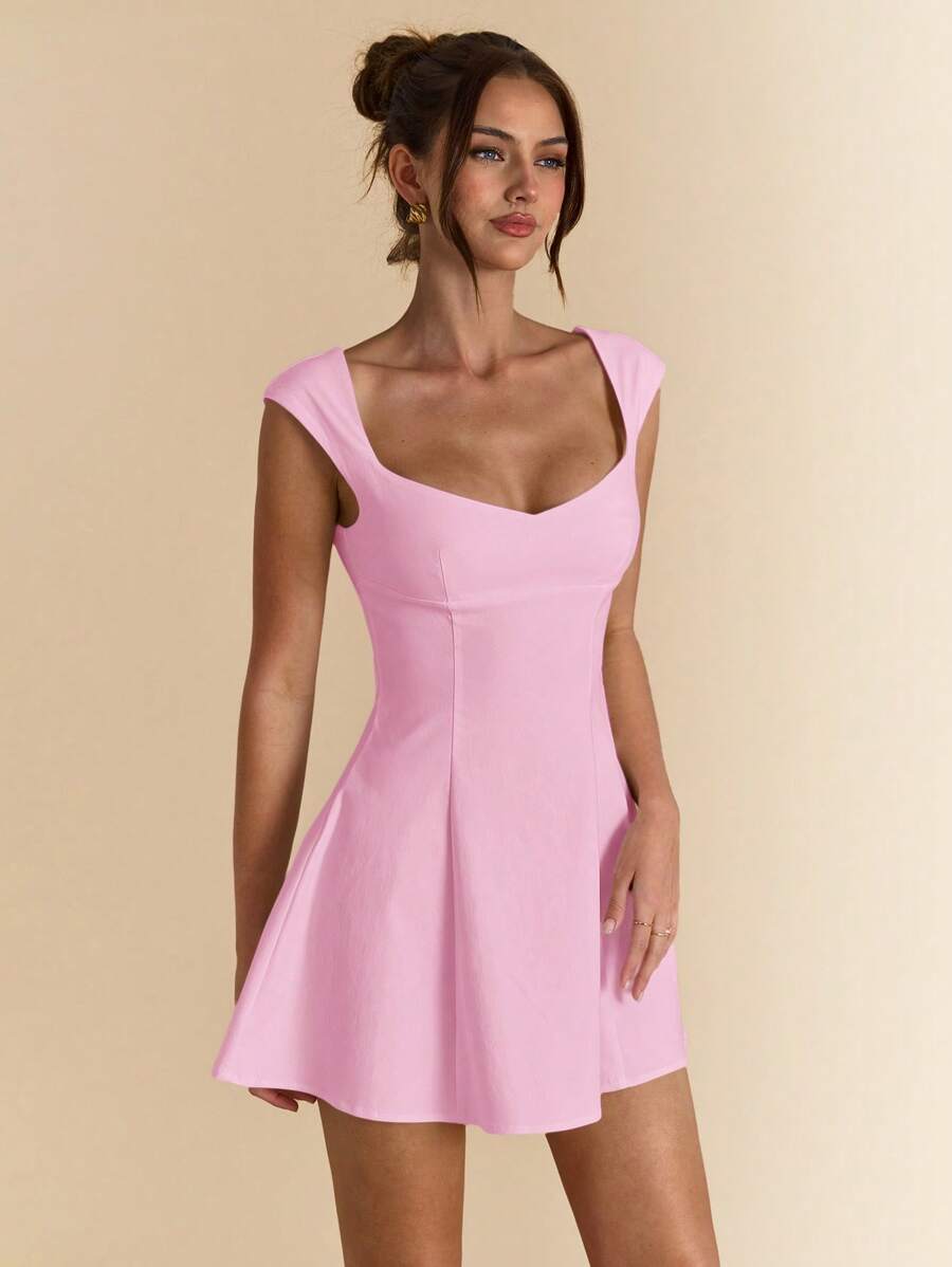 SHEIN BAE 纯色白色方领露背泡泡袖连衣裙，优雅女士夏季迷你连衣裙，适合约会之夜、伴娘和正式场合，春夏季