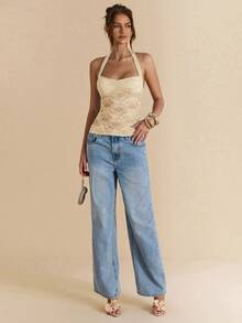 SHEIN BAE Women Solid Spaghetti Strap V-Neck Stretch Sexy Cute Lace Open Back Cami Top, Casual Summer For Concerts, Streetwear, Rave