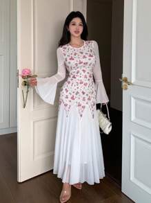 Modelyn 女式花卉印花圆领喇叭袖蕾丝边修身摆裙，春夏 - 彩色 - 查看 4