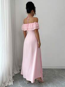 Elenzga Spaghetti Strap Cold-Shoulder Ruffle Hem Waisted Elegant Romantic Women Dress