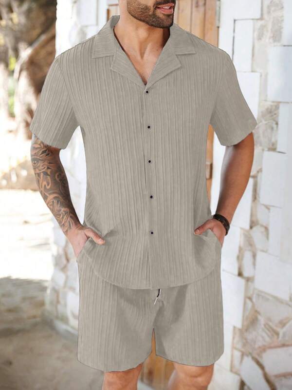 ResortEase 2pcs Plus Size Men's Casual Solid Color Lapel Neck Short Sleeve Shirt And Shorts Set, Summer Men Two Piece Set Summer Men Casual Top And Bottom Set