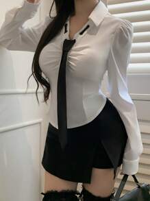 DAZY Top de Manga Longa com Decote Cordão, Recorte e Contraste de Cor, Ajustada, Adequada para Escola, Temporada de Formatura, Primavera/Verão - Branco - Visão 5