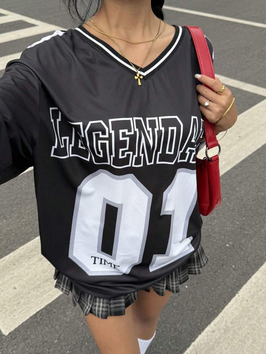 Muchica 女士新款夏季宽松黑色字母图案短袖T恤，适合返校季穿着 - 黑色 - 查看 1