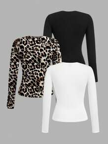 SHEIN EZwear 3pcs/Set Women Casual Crew Neck Bodycon Long Sleeve T-Shirt Set Autumn And Winter Women Long Sleeve Tops - Multicolor - View 2