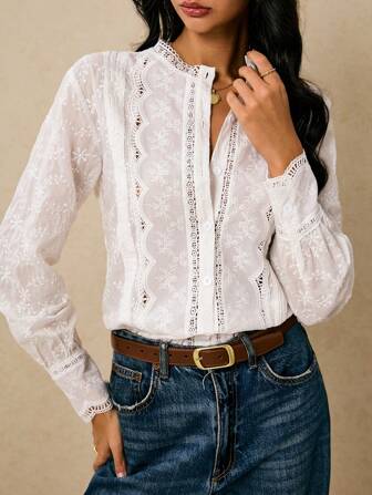 Poéselle Women's Shirts Embroidered Blouse Long Sleeve All White Blouse Retro Boho Button Placket White Women's Solid Color Lace Patchwork Front Button Elegant Long Sleeve Blouse Fall Women Fall Autumn Winter For Women Winter Back To School Country Concert Going Out Tops Wedding Guest Women Casual Cute Western For Women Office For Women Work Going Out