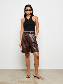 AiiRZ Faux Leather Bermuda Length Pleated Shorts High Waisted Classic Fall Winter Fashion Statement Wide Leg Bottoms Dressy Casual Everyday Wear - Coffee Brown - View 3